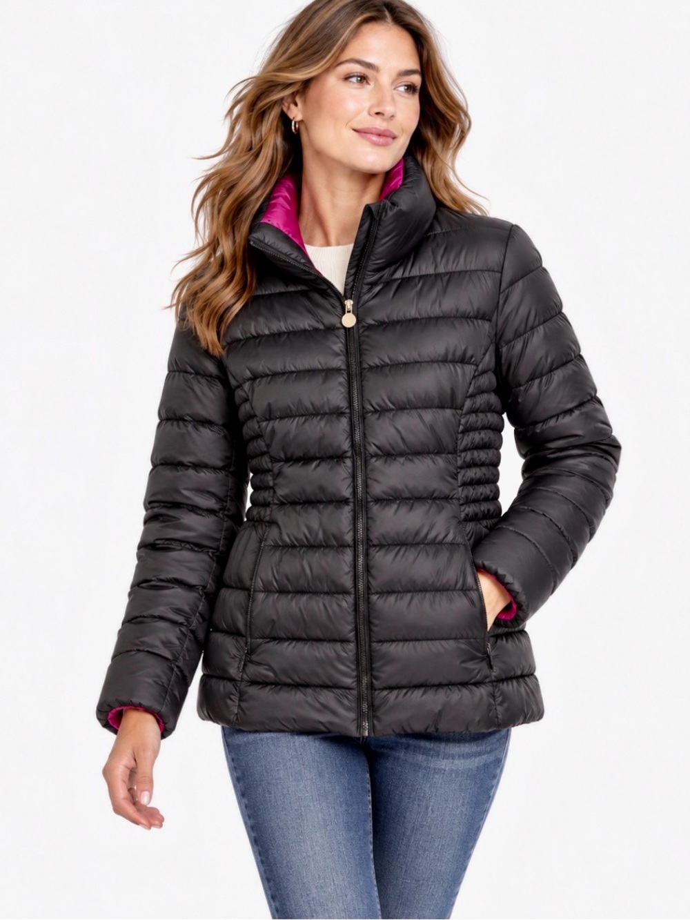 INC International Concepts Black Magenta Quilted Puffer Jacket Full Zip Size L